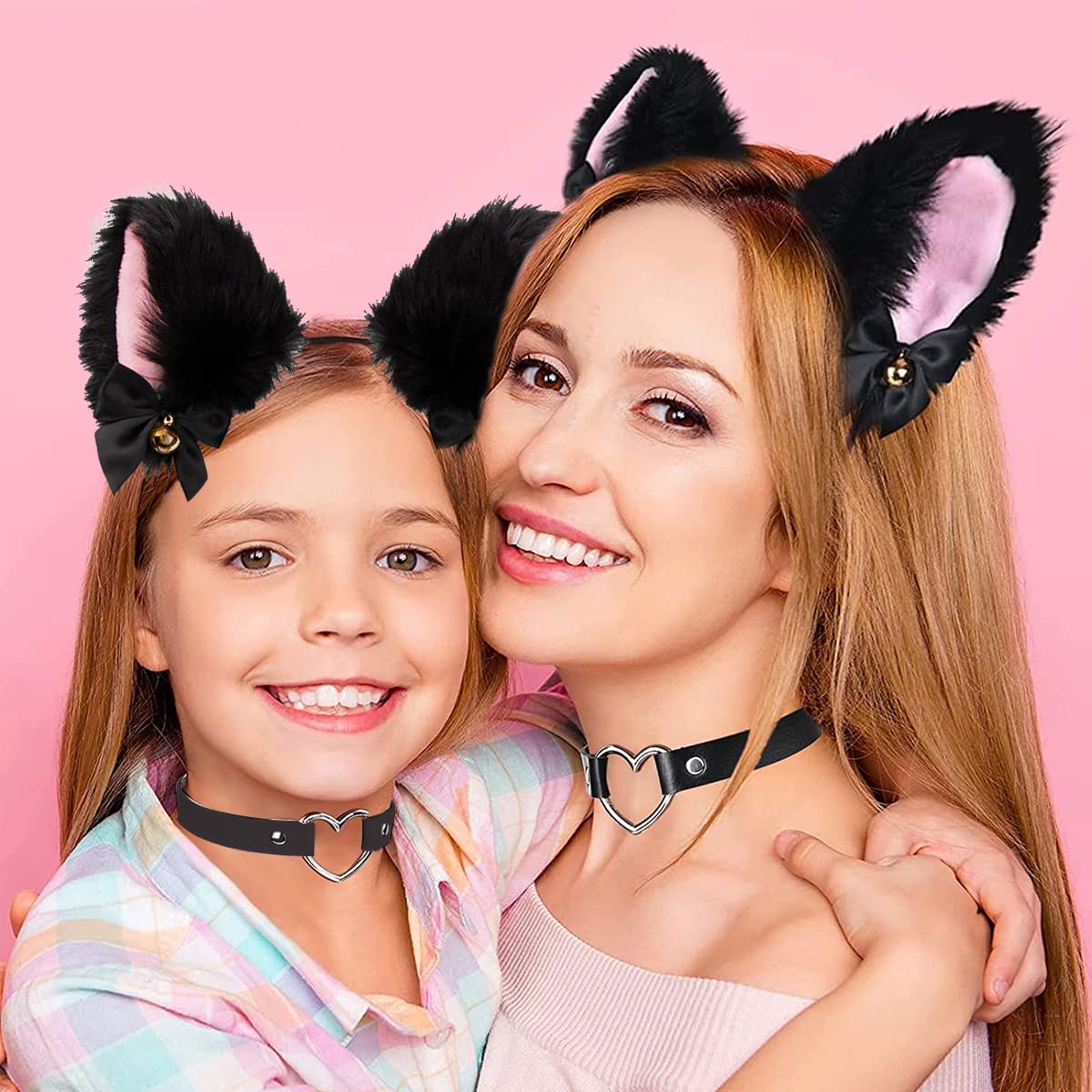 PALAY Cat Ears Headband Choker Set Women Girls Cosplay Plush Furry Ears Hair Band with Bell & Punk Fashion Choker Kit for Fancy Dress Party Performance Halloween