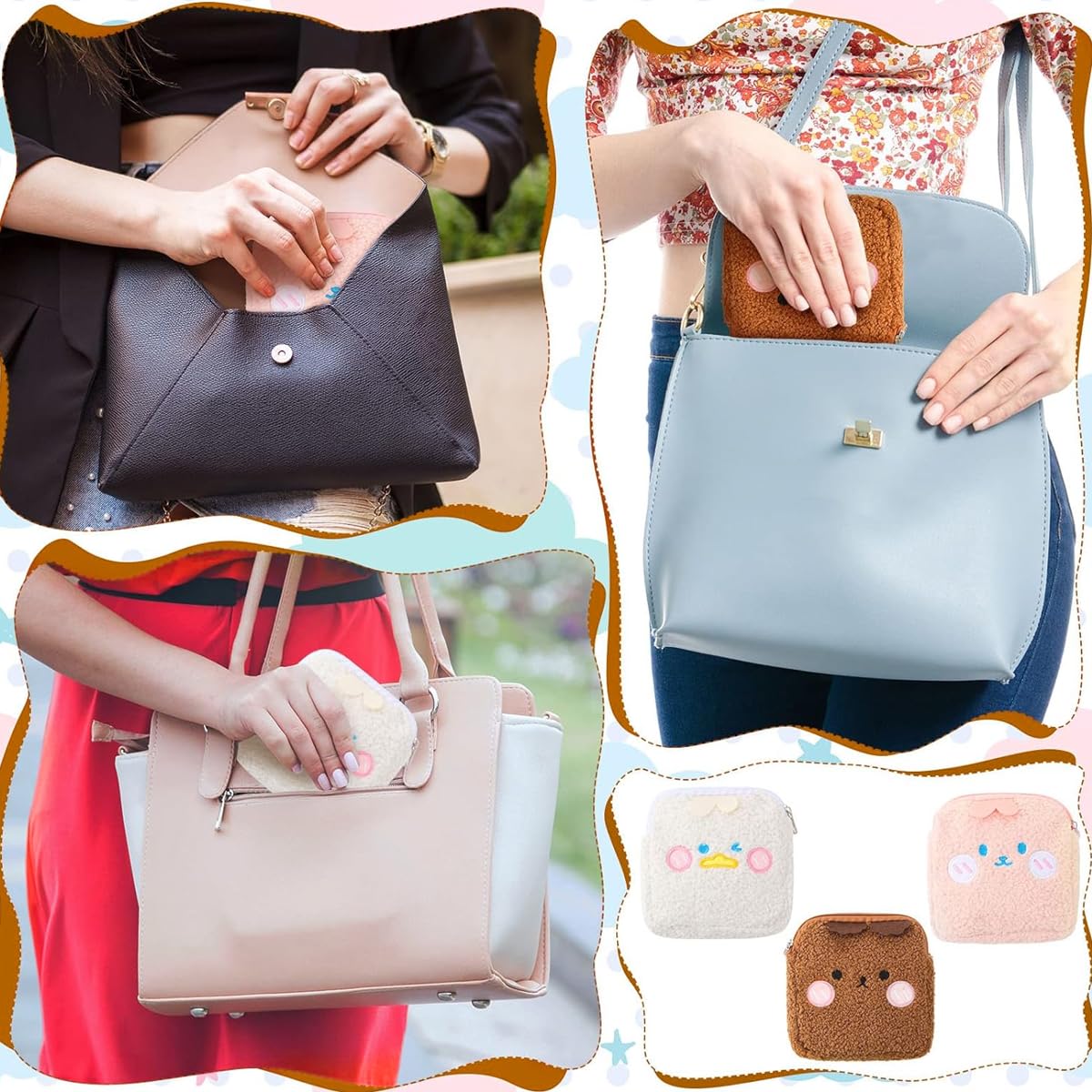 MAYCREATE 3Pcs Makeup Pouch Sanitary Pads Pouches Plush Storage Pouches Cute Cartoon Coin Pouch Small Lipstick Zipper Pouches for Girls Portable Zipper Pouch for Tampons, Sanitary Pads, Tissues