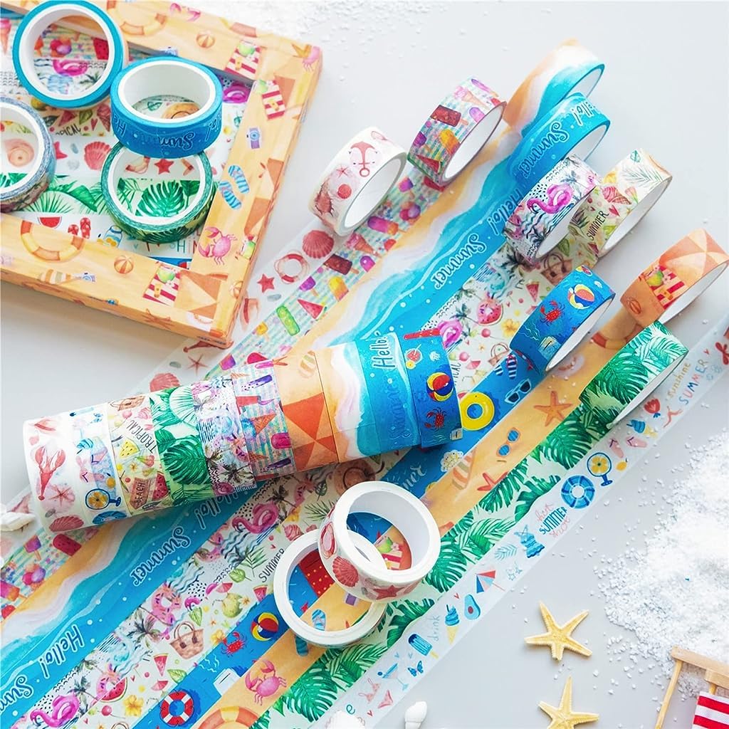 HASTHIP 10 Rolls Summer Washi Tape Set, 15mm Beach Ocean Cut Washi Masking Tape Decorative Tape for Bullet Journal, Book, Planner, Scrapbooking, DIY Arts (15mm x 5 meters Per Roll)