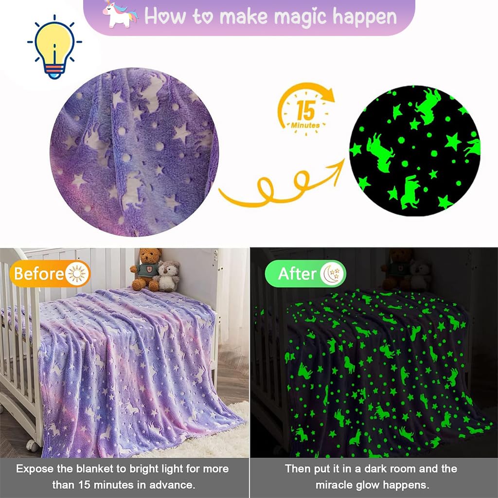 ZIBUYU Winter Blanket for Kids Girls Flannel Blanket Warm Soft Night Glow in Dark Furry Safe Luminous Unicorn AC Blanket for Boys & Girls (70 x 60 inch) - Purple