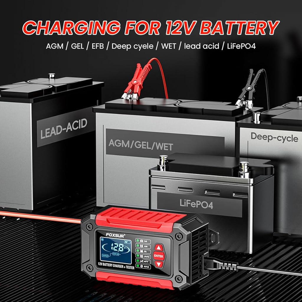 Verilux 2 in 1 Battery Tester & Battery Charger, Fully Automatic Battery Charger 6A 12V, Car Battery Charger & Maintainer- EU Plugfor Car, Motorcycle, Lawn Mower and More(Red)