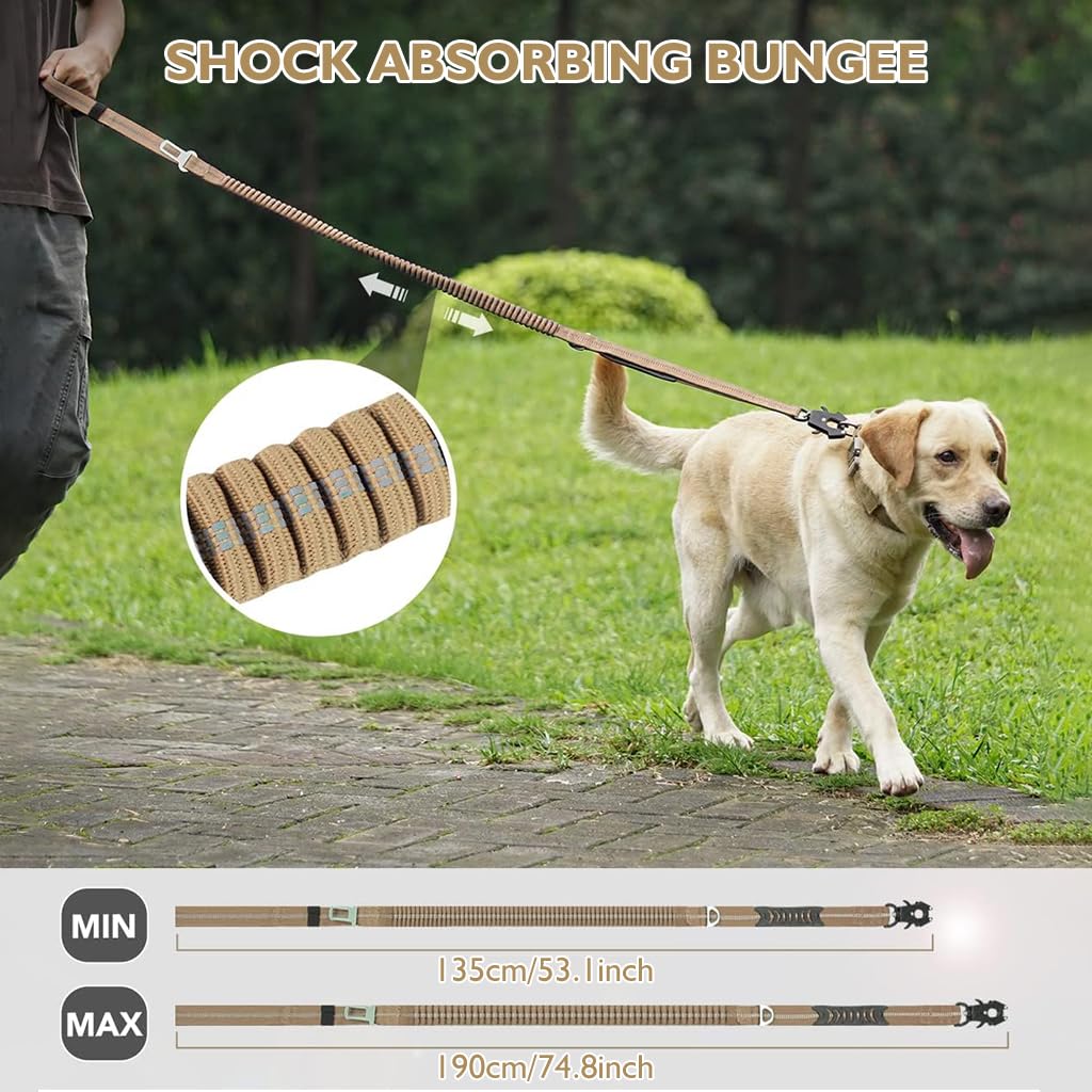 Qpets Tactical Dog Belt Seat Belt, Adjustable Dog Leash with Car Seat Belt Buckle, Safety Dog Seatbelts with 2 Control Handles, Elastic Dog Harness for Medium Large Dog, Reflective(Brown)