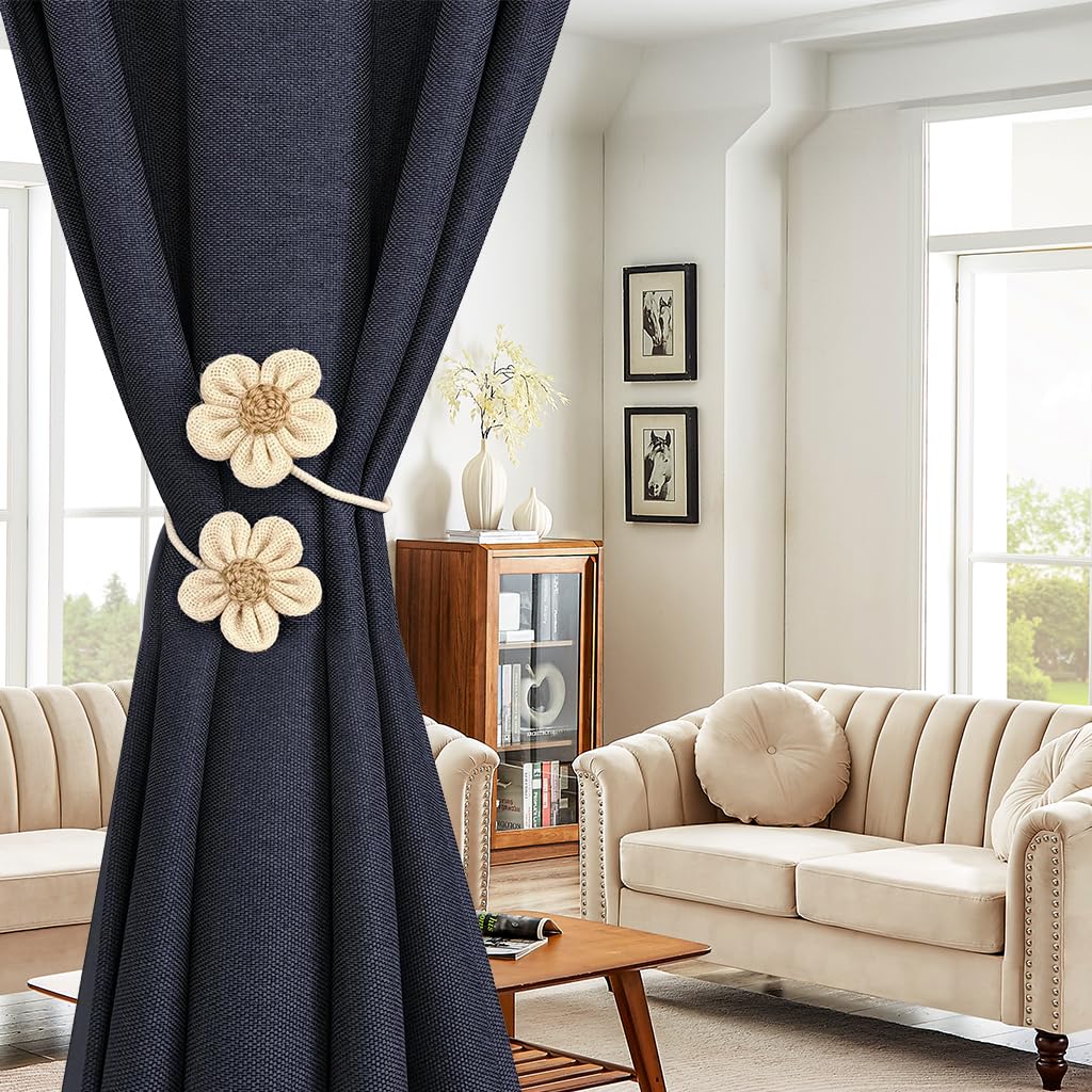 HASTHIP 2Pcs Flower Curtain Tiebacks Decorative Cotton Linen Flower Flexible Curtain Tiebacks Drape Tiebacks Flexible Metal Wire Curtain Tiebacks Non Slip Curtain Tiebacks for Heavy Drapes