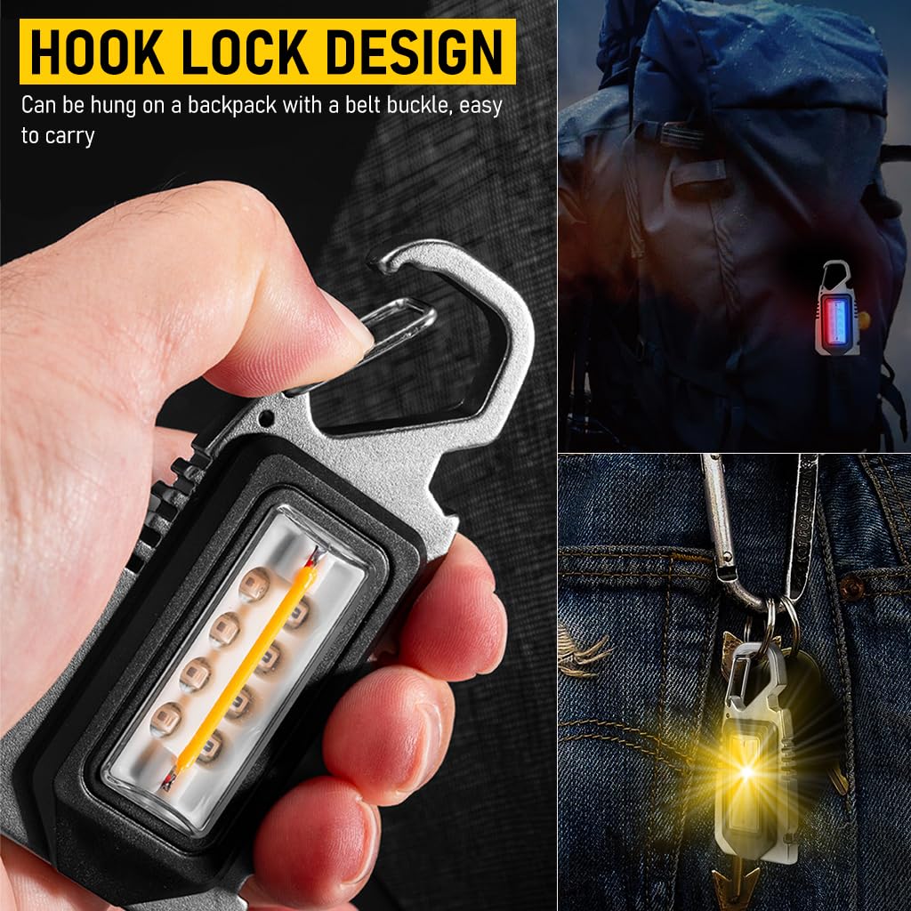 ELEPHANTBOAT 4 in 1 USB Rechargeble Keychain LED Flashlight 1000Lumens Yellow Light LED Magnet Mini Flashlight with Screwdrivers, Whistle, Multitool for Outdoor, Emergency, Night Walking