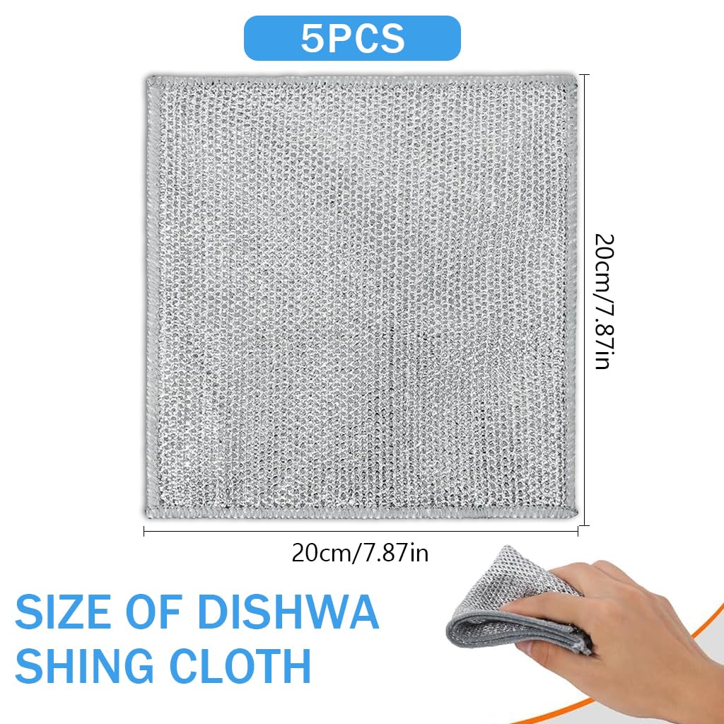 HASTHIP 5Pcs Double Layer non scratch wire dish cloth Multipurpose Wire Dish Cloth for Kitchen Scrubbing and Cleaning Dishes, Pots, Sinks, Reusable Non Scratch Wire Dishwashing Rags for Wet and Dry