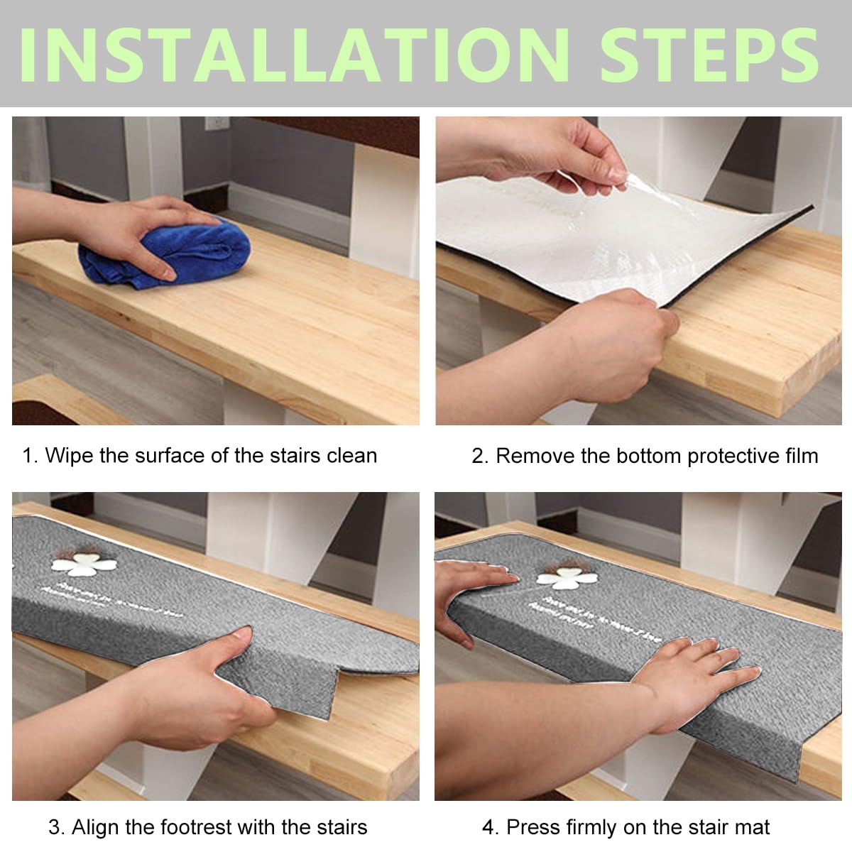 HASTHIP 2pcs Luminous Stair Mat Nonslip TPR Stair Pads for Home Safety Stair Mat Self Adhesive Stair Mat with Glow in Dark Four Leaf Clover Safety Stair Mat for Home Stair Decor, 55 x 22cm