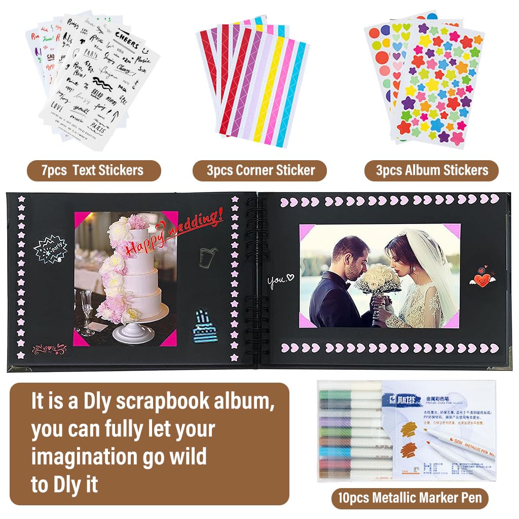 HASTHIP DIY Scrapbook Photo Album Kit, Anniversary Gift for Couple Special, A4 DIY Wedding Album Set with Color Stickers, Color Pen, Graduations Album Memory Photo Album, 80Pages/40Sheet
