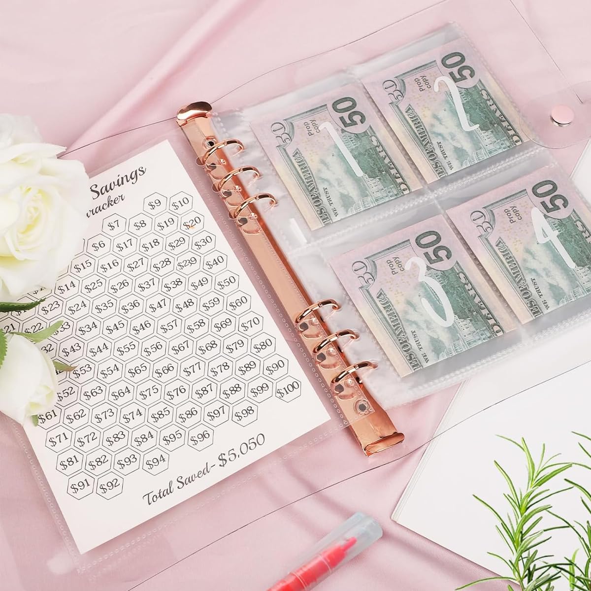 HASTHIP Envelopes Challenge Binder with Laminated $5050 Tracker Sheet & Pre-Numbered Pockets