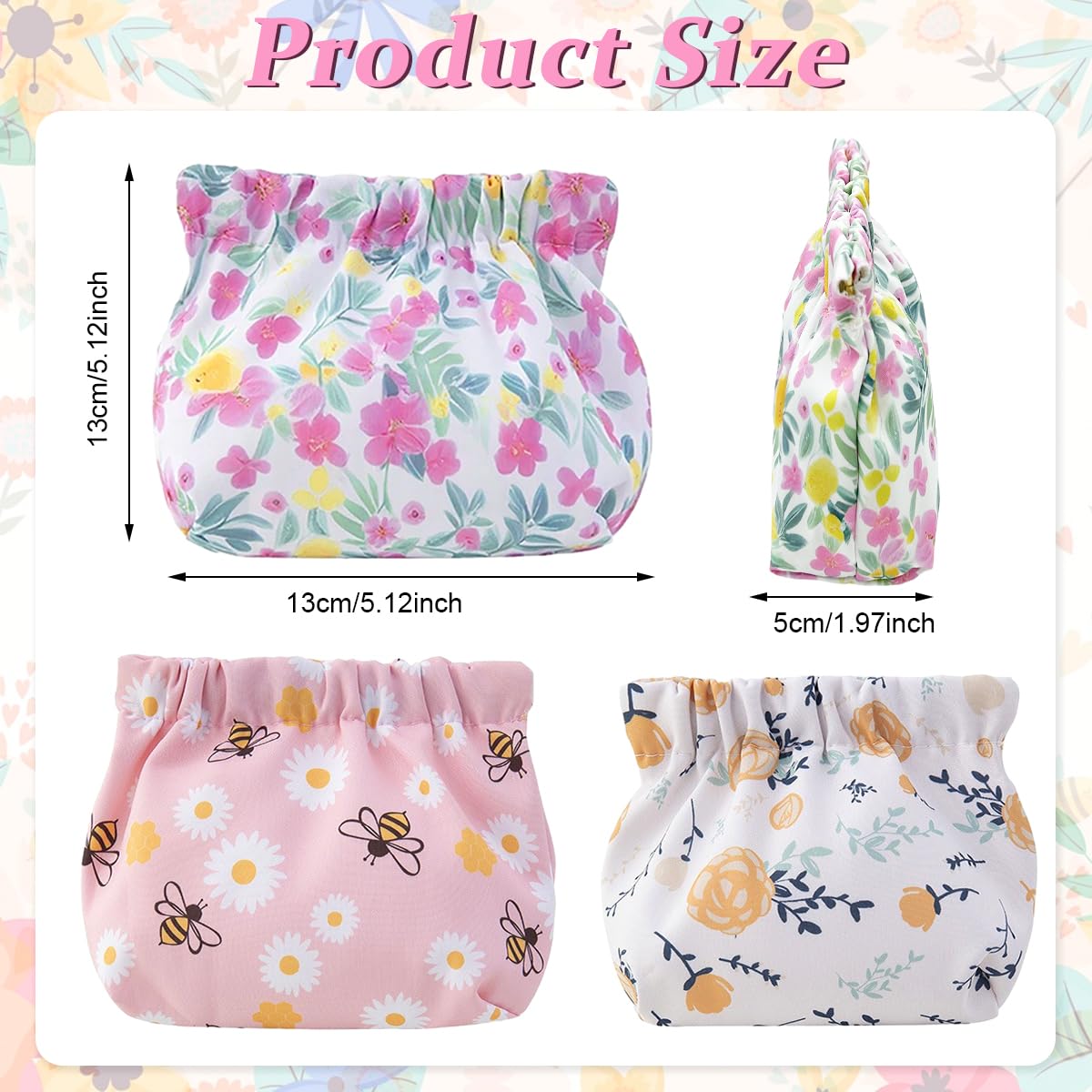 MAYCREATE 3pcs Small Pouches for Women, Travel Mini Makeup Pouch Set, Cute Floral Print Coin Lipstick Pouch for Girls, Oxford Cloth Jewelry Storage Bag Organizer - No Zipper, Self-Closing