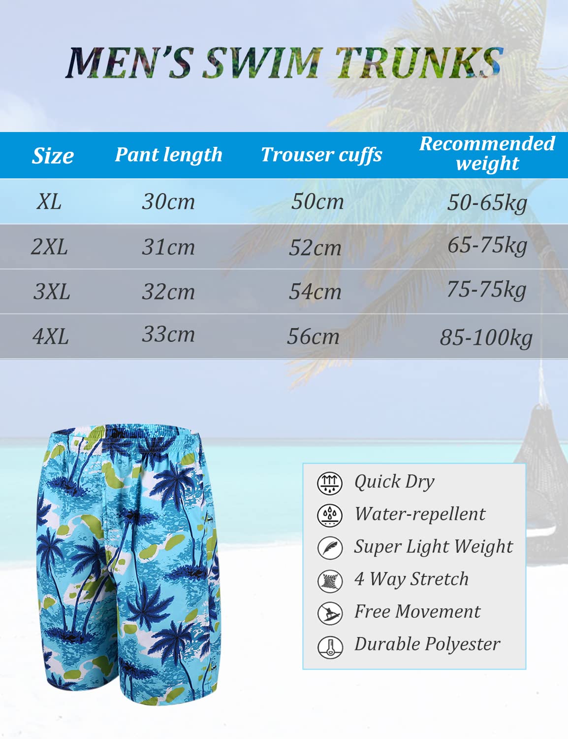 GUSTAVE Swimming Trunk for Men, Coconut Tree Print Swim Trunks for Men, Quick Dry Beach Trunk, Blue Knee Length Short Pants, Elastic Drawstring Closure (Size XL, Suit for 50-65kg)