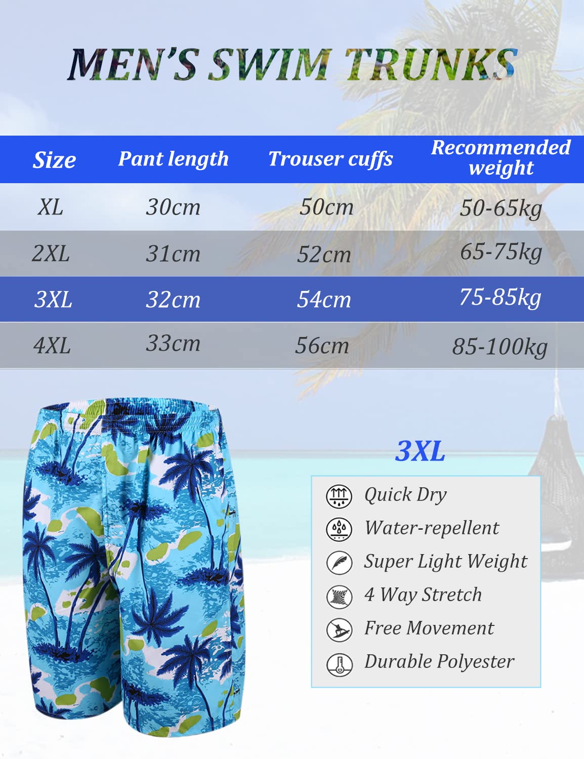 GUSTAVE Swimming Trunk for Men Beach Board Shorts Swimwear, Quick Dry Bathing Suits Holiday Shorts, Coconut Tree Print Men's Swim Trunks - Elastic Drawstring Closure Blue