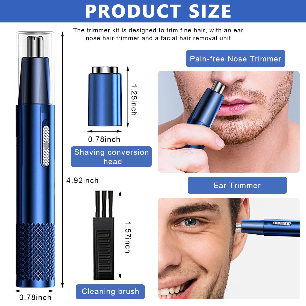 MAYCREATE Nose Hair Trimmer For Men &Women, Electric Ear and Nose Hair Trimmer Eyebrow Clipper, Dual-Hole Vortex Cleaning System IPX5 Waterproof Facial Hair Grooming Kit for Men, Blue