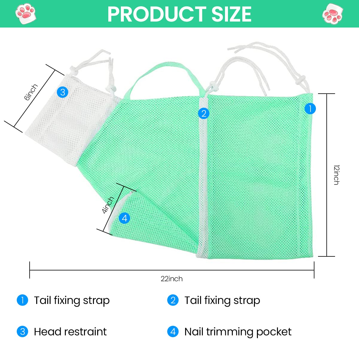 Qpets 23*16*14 Inch Cat Bathing Bag Anti-Scratch Cat Grooming Mesh Bag for Bathing, Nail Trimming, Medicine Taking, Injection, Adjustable Multifunctional Breathable Restraint Shower Bags(Green)