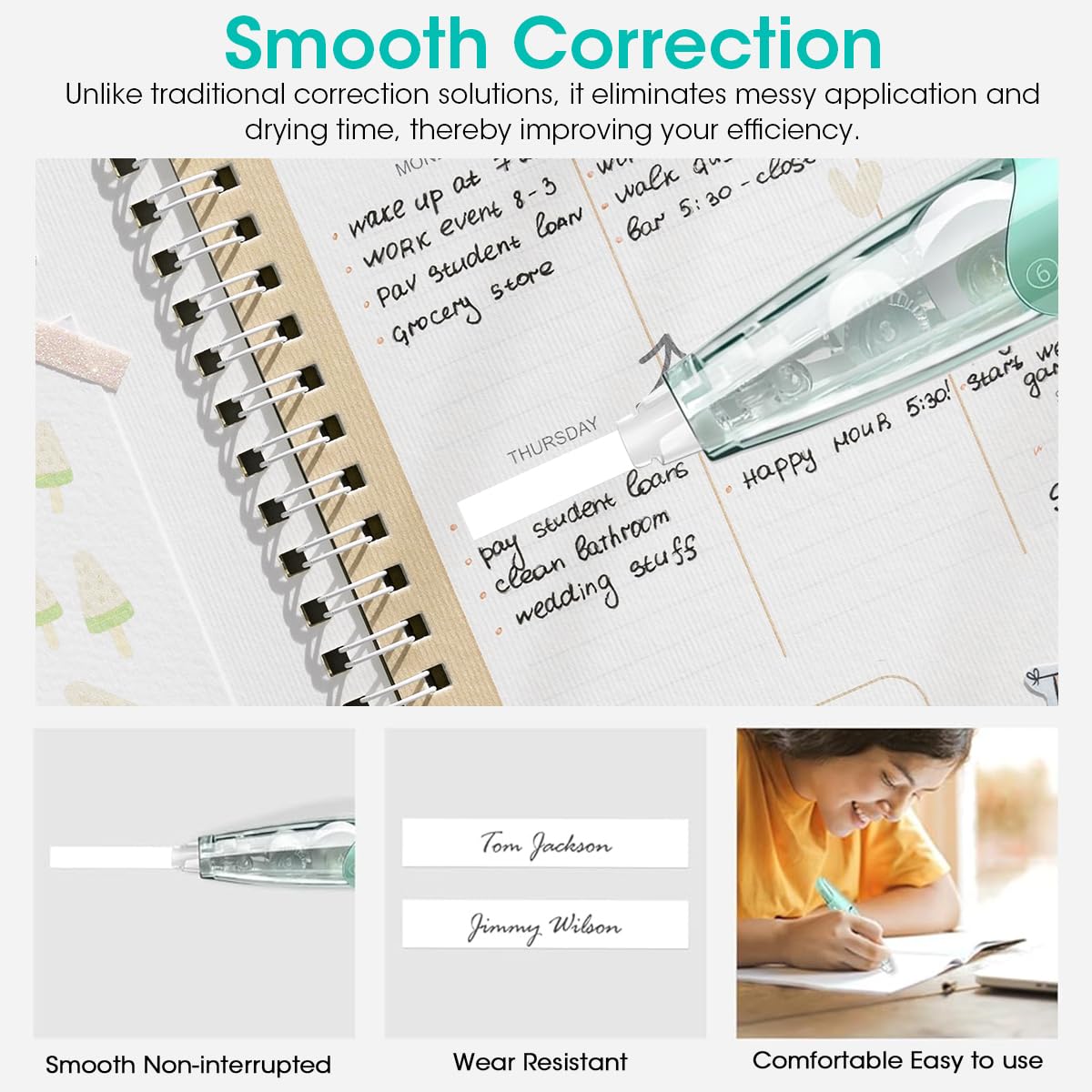 HASTHIP 2Pcs Refillable Retractable White Out Correction Tape with 2 Extra Refills, Cute White Out for Office Supplies, 5mm x 6m Press-Down Retractable Writing Correction Tape