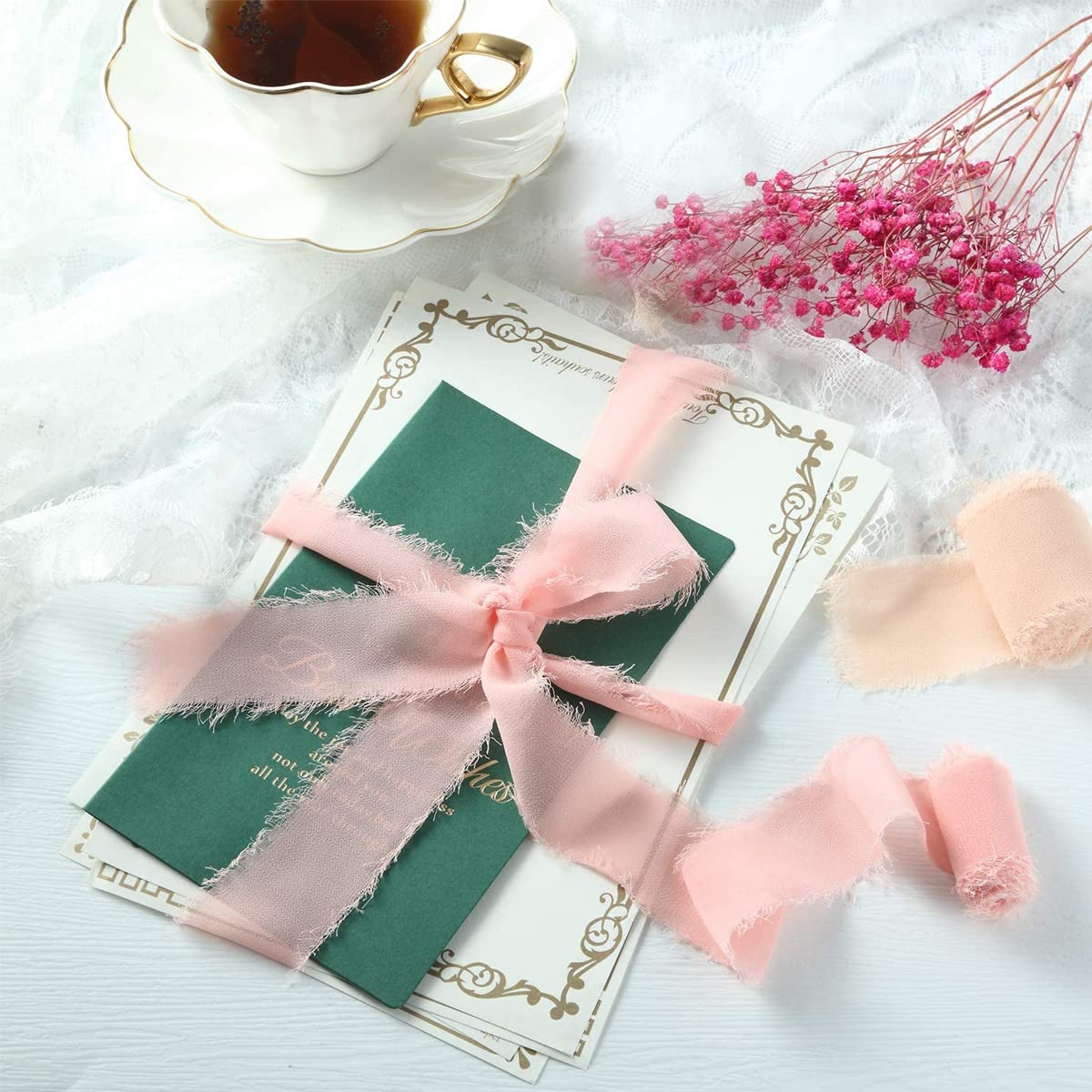 HASTHIP 3 Rolls Chiffon Ribbons Set Fringe Fabric Silk-Like Ribbons for Gifts Wrapping, Wedding Invitations, Party Decoration, Bridal Bouquets, DIY Crafts(1.5