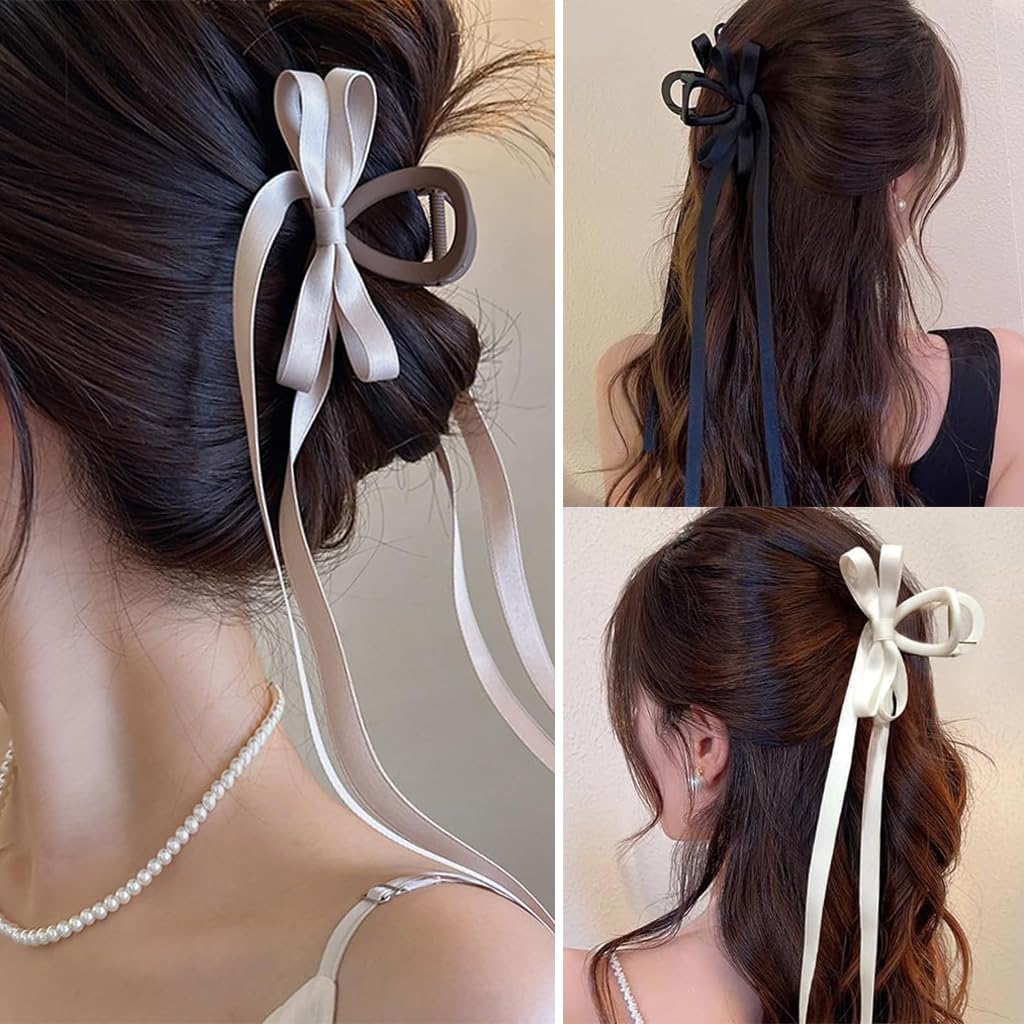 PALAY 2Pcs Hair Claw Clips for Women Stylish Bow Ribbon Large Claw Clip Non-Slip Matte Claw Hair Clips Strong Hold Barrette for Medium Thick Hair - Brown & Black