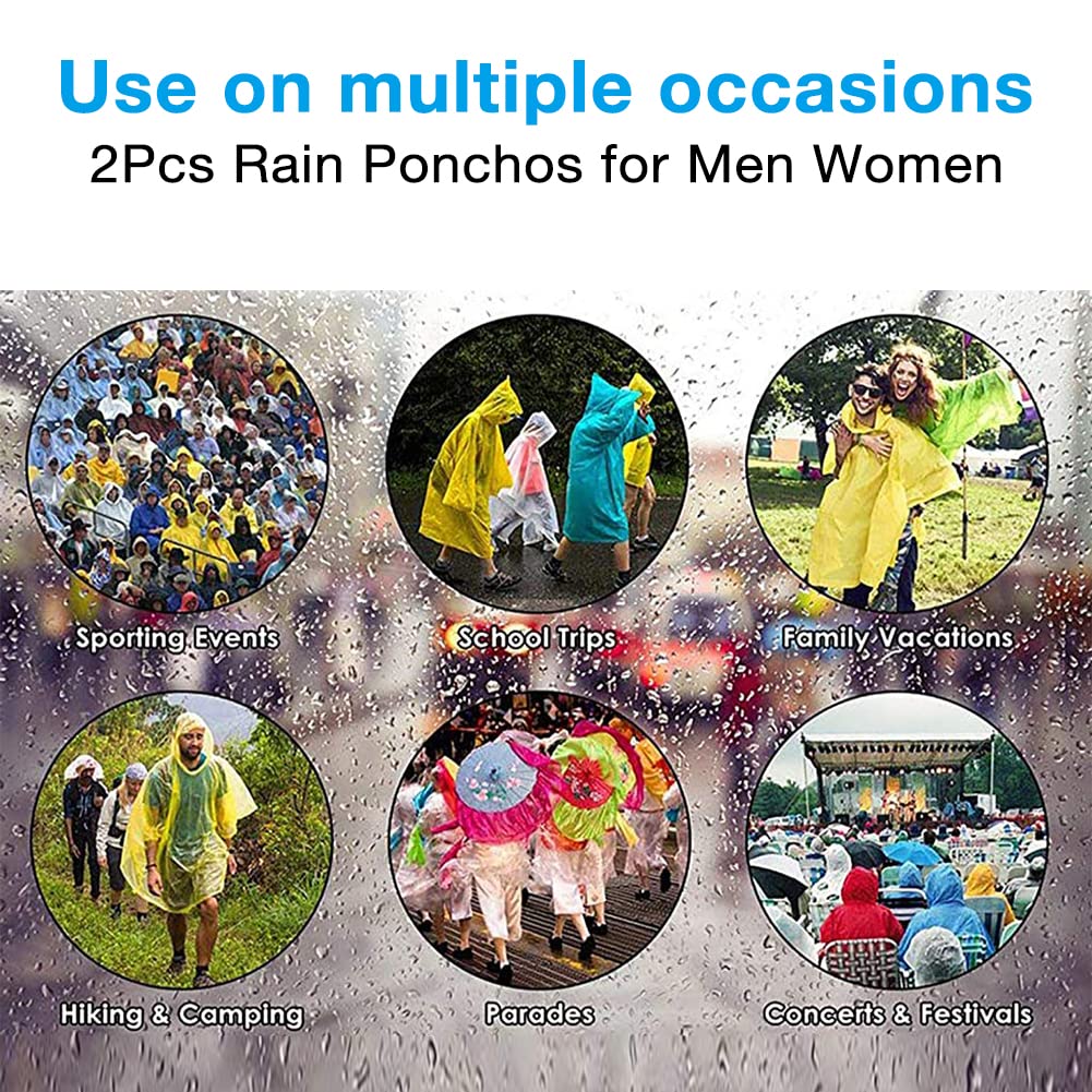 PALAY 2Pcs Rain Ponchos for Men Women, Reusable EVA Raincoats with Hood for Rain Ponchos for Camping, Hiking, Music Festival, Outdoor Activities (Blue)
