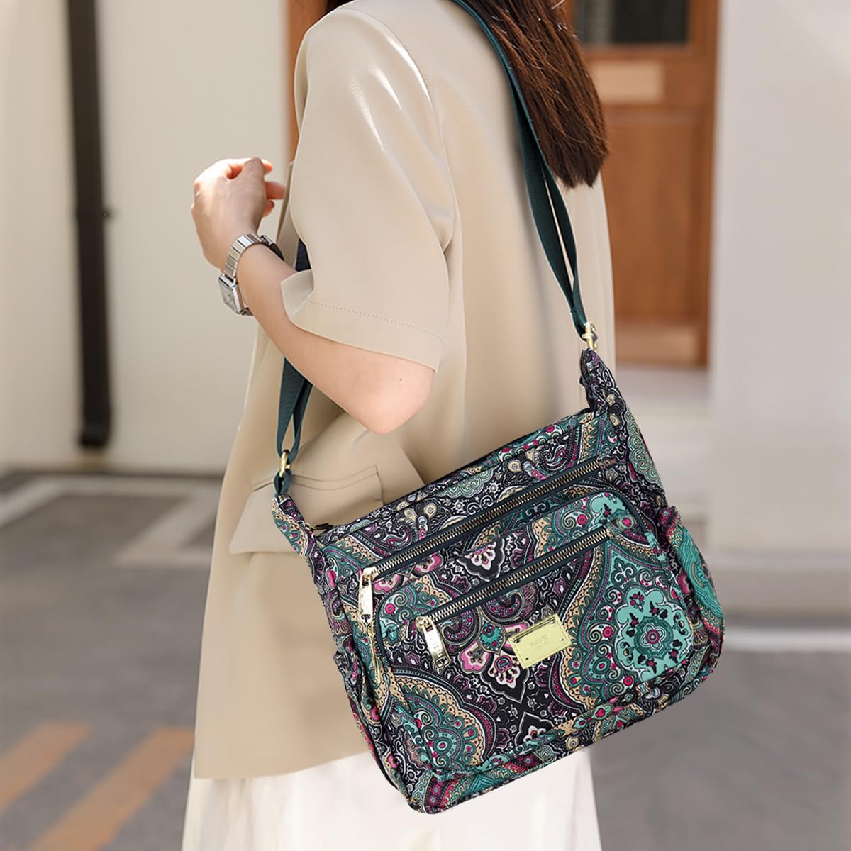 PALAY Women Crossbody Bag Fashion Nylon Print Satchel Travel Bag Multi Layer Shoulder Bag Crossbody Bag Casual Day Bag Satchel Handbag (10.2x3.9x8.2 inch)