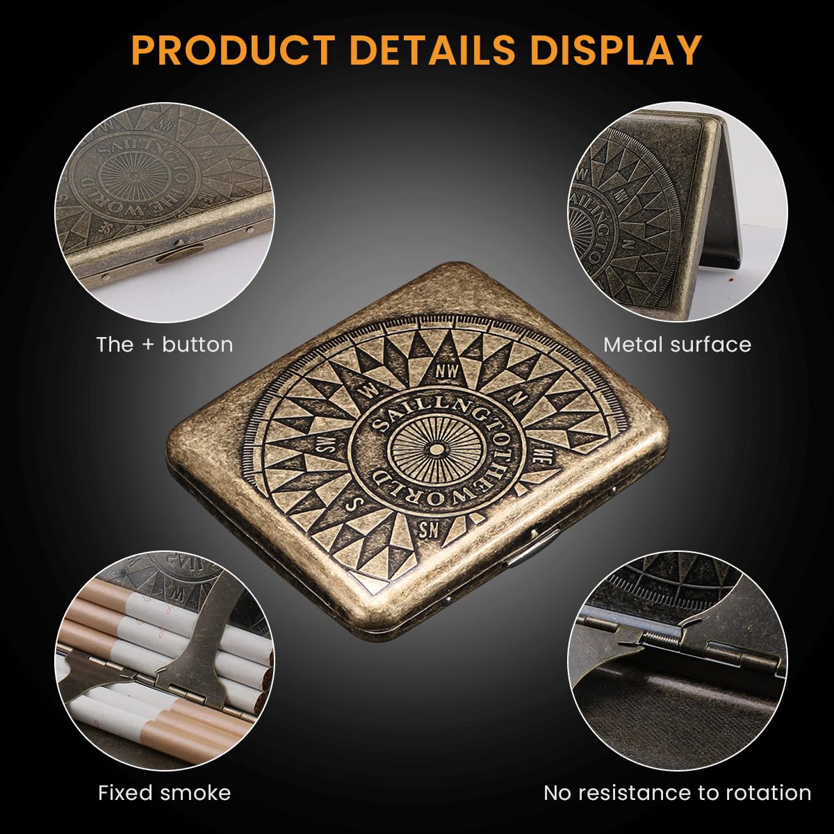 GUSTAVE Retro Metal Cigarette Case for Men - Portable Cigarette Box for 18-20 95mm Long Cigarettes, Double Sided Spring Clip Open Cigarette Box, Christmas Gift for Man (Bronze)