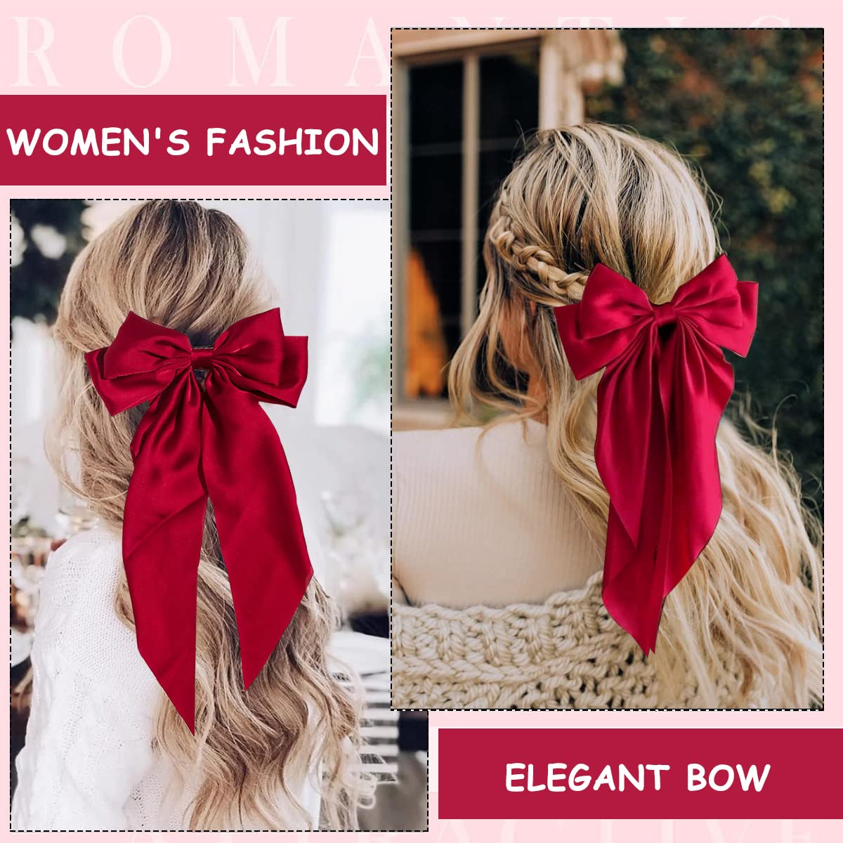 MAYCREATE Large Satin Hair Bows for Women Girls Silk-Like Stylish French Bow Hair Clip Bowknot Hair Barrettes Big Ribbon Bow with Long Tail (Red)