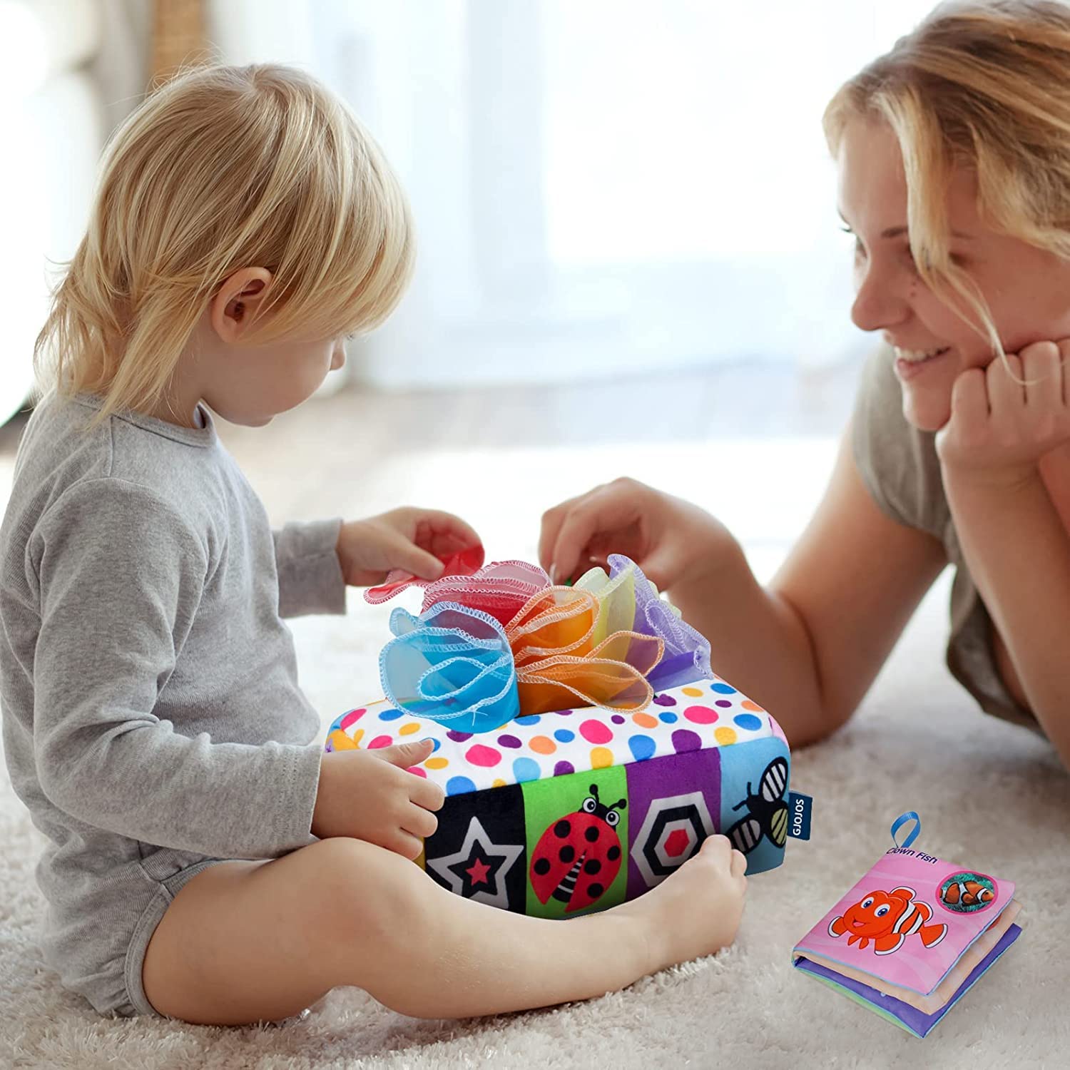 SNOWIE SOFT Baby Tissue Box Toy,Soft Stuffed High Contrast Crinkle Montessori Square Sensory Toys,Soft Toys for Toddler, Infants, Newborns and Kids Educational Preschool Learning - Colorful