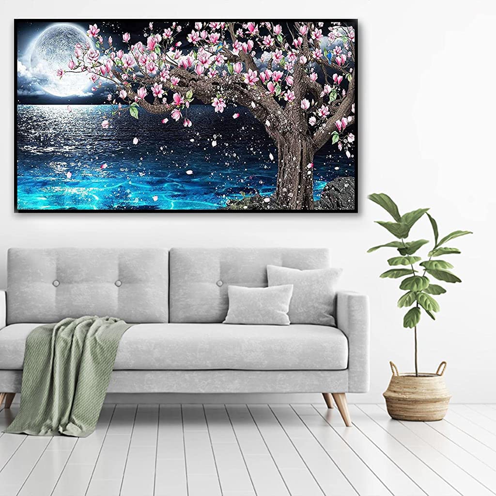 HASTHIP 5D Diamond Painting Kit, 27.5 X 15.7inch Large Size Lake Moon Diamond Painting Kits for Adults, DIY Full Drill Crystal Rhinestone Arts and Crafts, Art Diamond Painting for Home Wall Decor