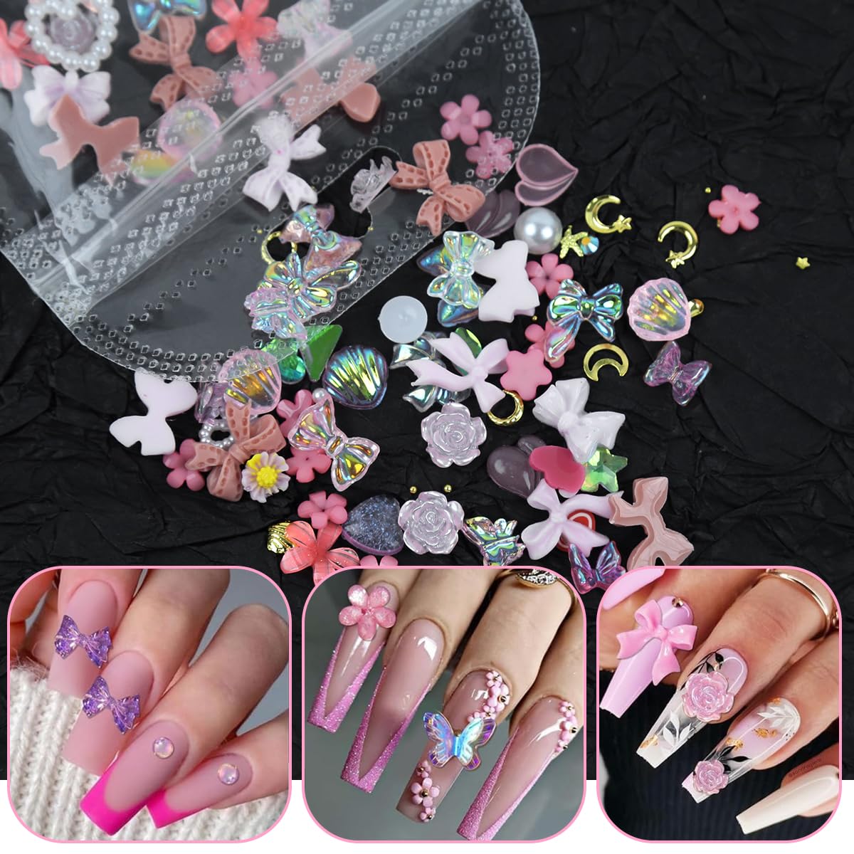 MAYCREATE 3D Flower Nail Charms Heart Star Bow Embellishments Acrylic Nail Gems Charms Mixed AB Resin Rhinestones Pearls Gold Rivets for Manicure DIY Crafts Accessories, Pink
