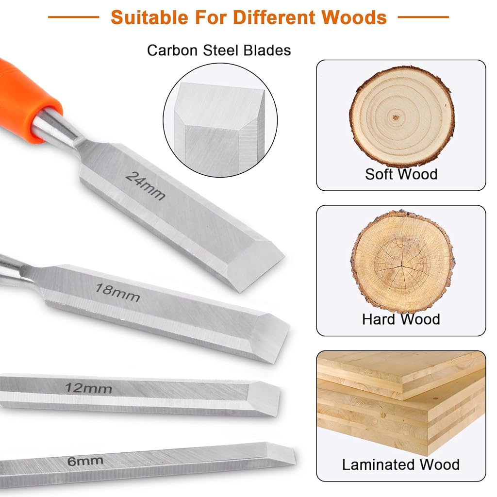Serplex® 12PCS Woodwork Chisel Set Mortise Tools, Wood Chisels for Woodworking with Steel Hammer End, Tools with Anti-slip Handle, 6mm, 12mm, 18mm, 24mm