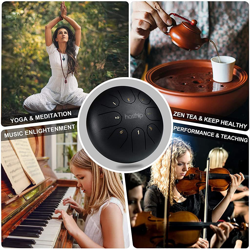 HASTHIP Steel Tongue Drum 8 Note, 6 inch Percussion Instrument Handpan Drum with Bag, Music Book and Mallets for Kids and Adults Meditation Musical Education Concert Mind Healing Yoga (Black)