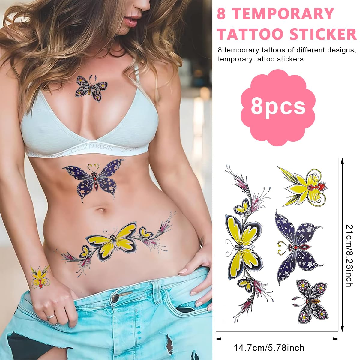 MAYCREATE 8 sheets Temporary Tattoos Sticker for Women Clavicle Temporary Tattoo Sticker Waterproof Temporary Tattoo Stickers for Arm, Waist, Chest, Temporary Tattoo for Fun