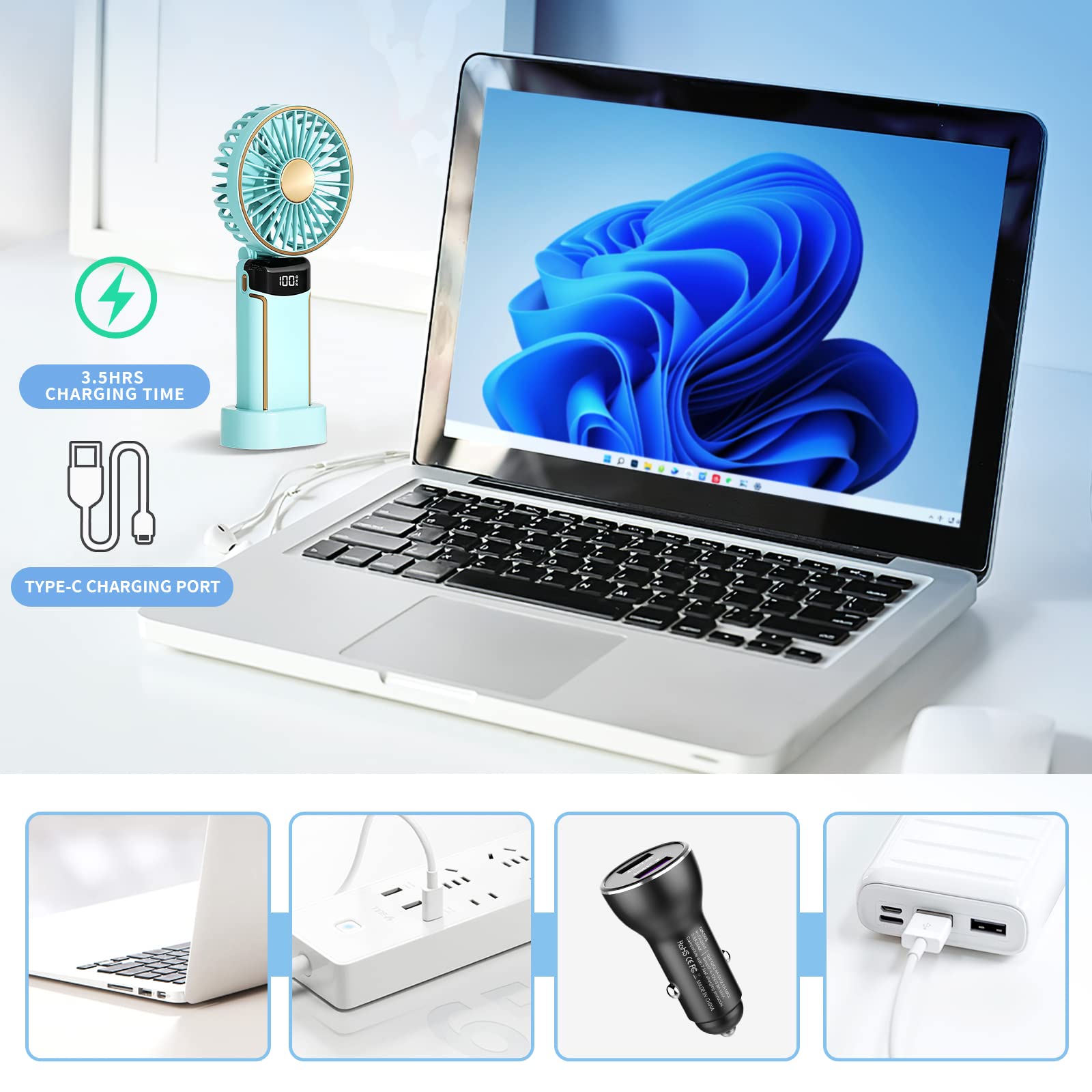 Verilux Handheld Fan Portable Fan, 2400mAh Rechargeable Mini Hand Held Fan Foldable Desk Fan with 5 Speeds LED Display Personal USB Fan for Travel Home Office (Green)