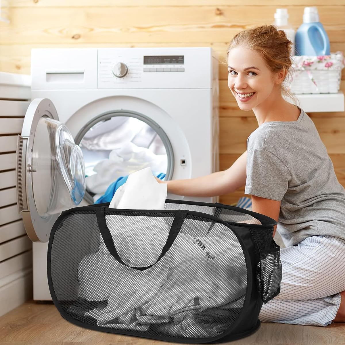 HASTHIP Durable Collapsible Laundry Baskets, Foldable Clothes Storage Hamper with Reinforced Carry Handles, Portable Collapsible Clothes Baskets for Dorm, Bathroom & Travel, Black