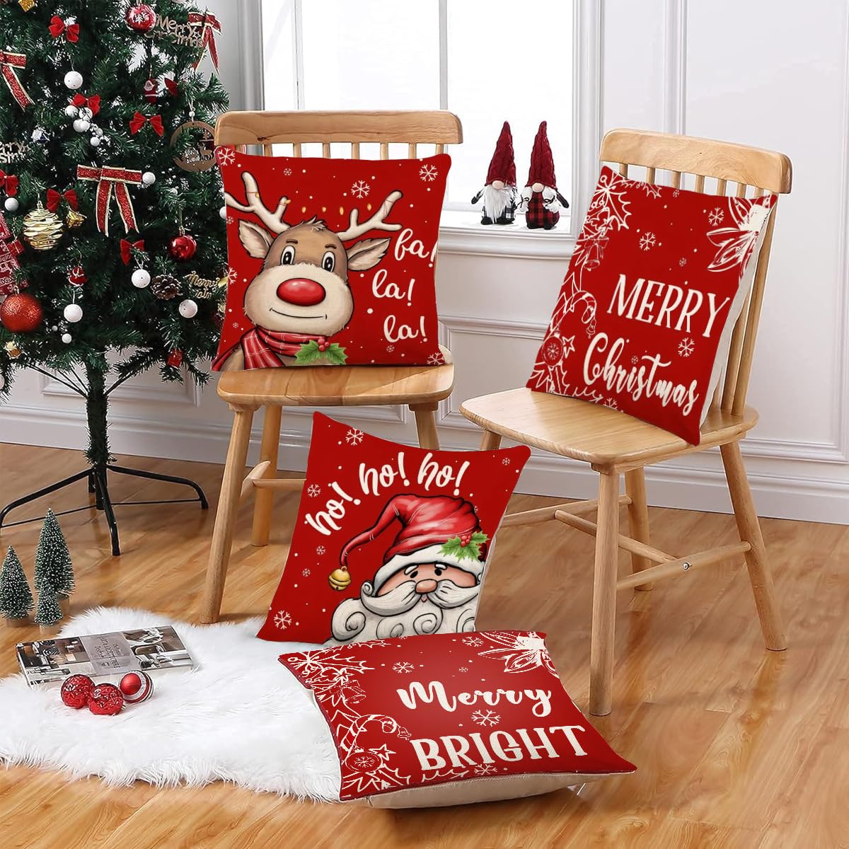 HASTHIP® 4Pcs Christmas Square Pillow Covers 15.7 inches Red Square Linen Printed Pillow Cover Classic Christmas Sofa Pillow Covers Square Pillow Covers for Christmas