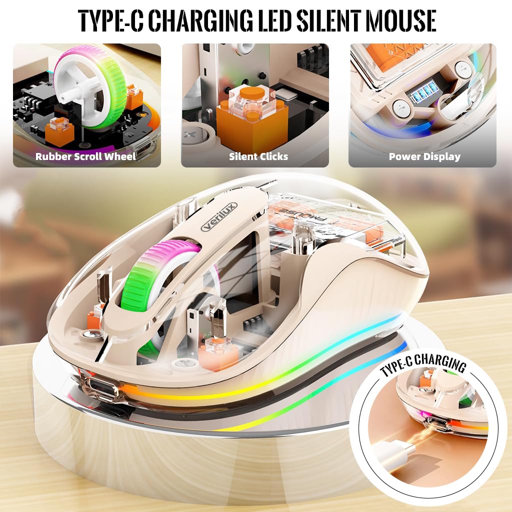 Verilux Wireless Mouse, Transparent Rechargeable Bluetooth Mouse, Wireless Gaming Mouse with 2.4G & 3.0BT & 5.0BT, 4 Gears Adjustable DPI Design Wireless Mouse for Laptops/Mac/PC/iPad-Pink