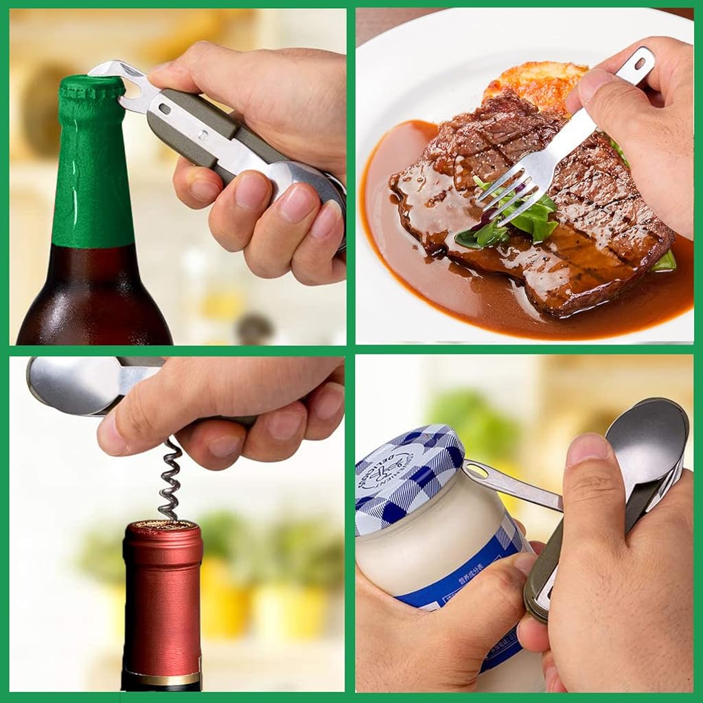 Proberos® Plastic 7 in 1 Camping Cutlery Picnic Hiking Trekking Outdoor Tableware Combination Detachable Spoon Fork Folding Cork Opener Can Opener 2PCS