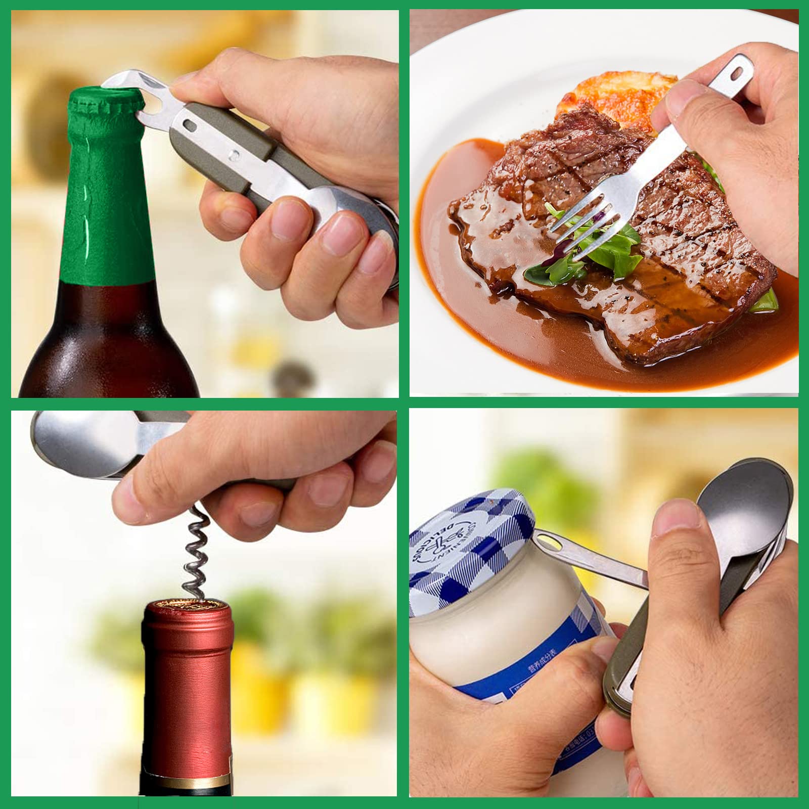 Proberos Plastic 7 In 1 Camping Cutlery For Camping Picnic Hiking Trekking, Outdoor Cutlery Picnic Tableware Combination, Detachable Spoon And Fork Folding Knife Cork Opener And Can Opener