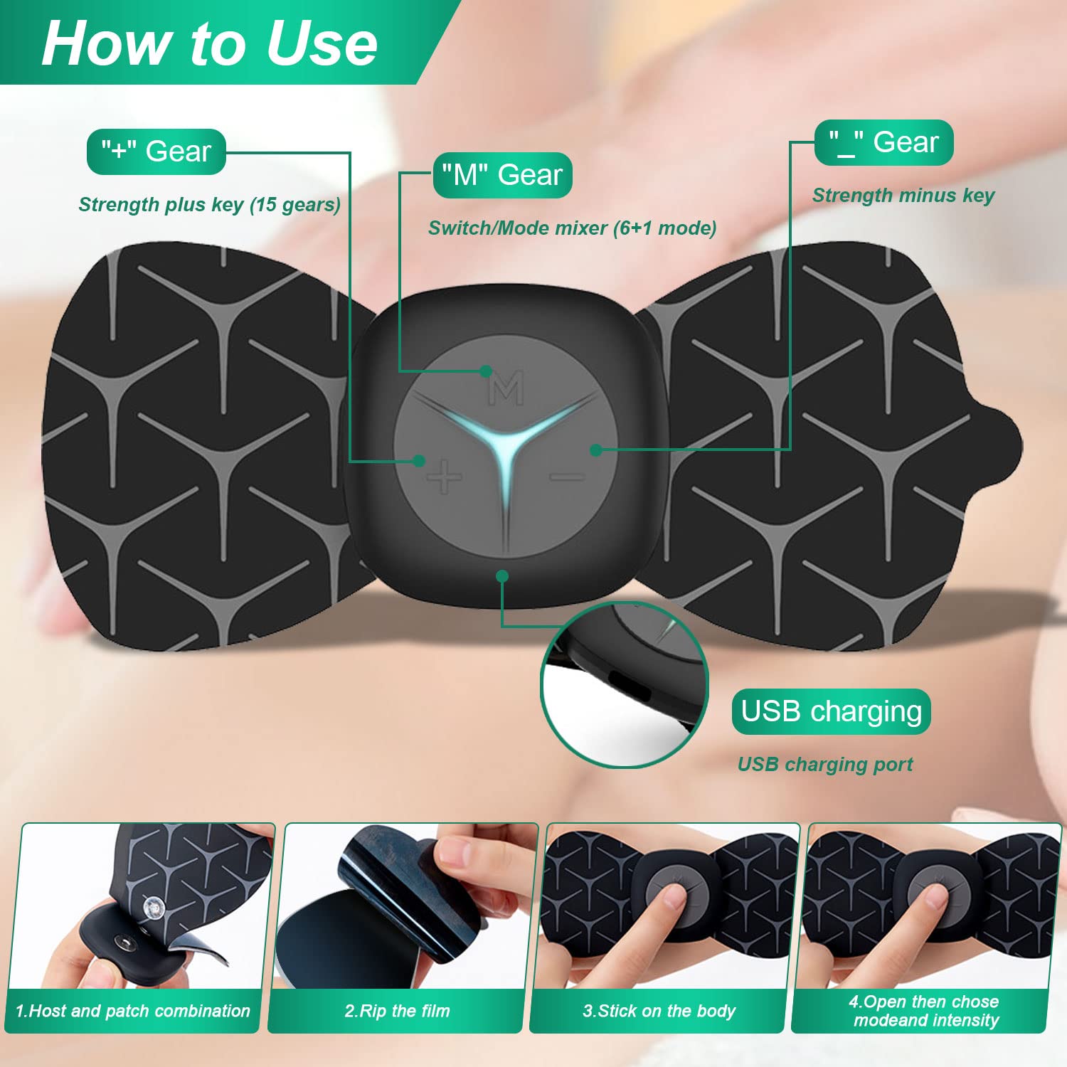 HANNEA Body Massager Machine, Wireless Portable EMS Neck Massager with 2 Patches 6 Modes and 15 Strength Levels Rechargeable Pain Relief for Shoulder, Arms, Legs, Back for Men and Women(Black)