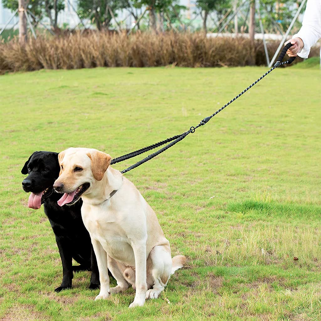 Qpets Double Dog Leash, Durable Reflective Dog Leash, Soft Paded Handle, Retractable Dogs Leash Anti-Strain Leash Braided Rope No Tangle Dog Leash for Small Medium Large Dogs(Black)