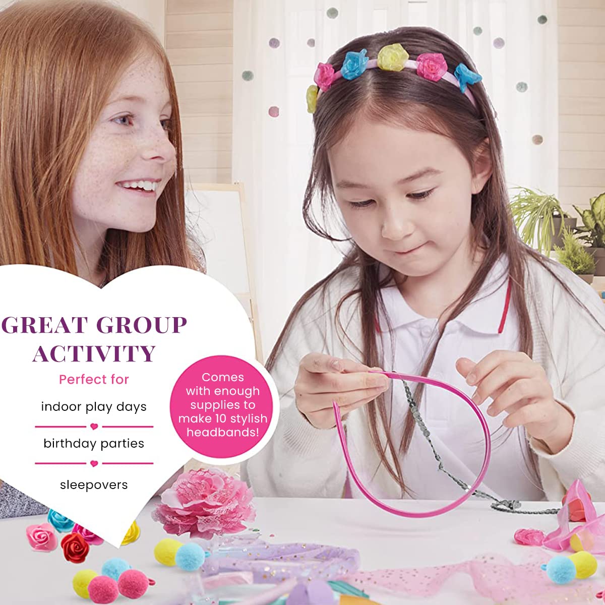 PATPAT DIY Headband Making Kit for Girls, Create Your Own Headbands, Includes 10 Headbands with Assorted Accessories and Charms, Fashion Fun Arts & Crafts Toy Gift for Girls Ages 5-12