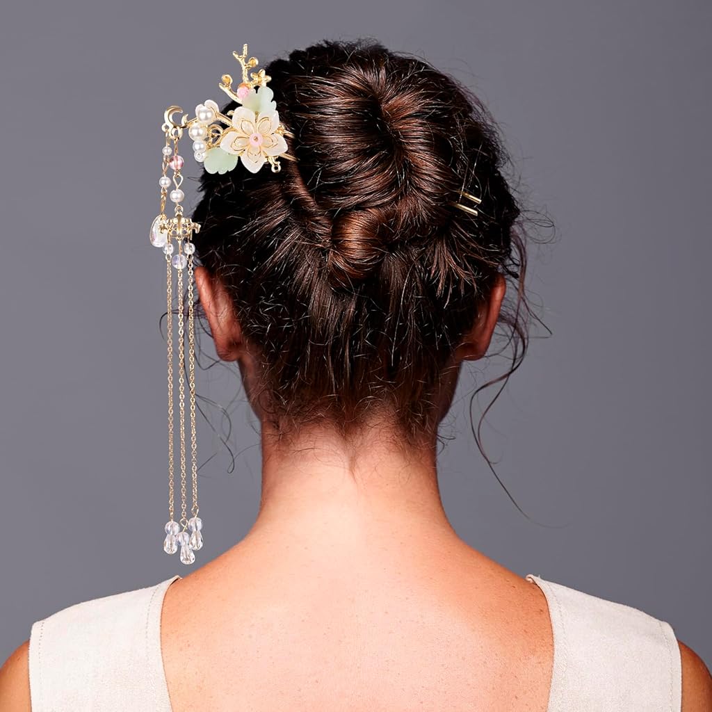 SANNIDHI® 5PCS Orchid Flower Tassels Hairpin, Crystal Rhinestone Pearl Hair Clips Retro Floral Brides Hair Accessories Jewelry for Women Girls Updo Long Hairs