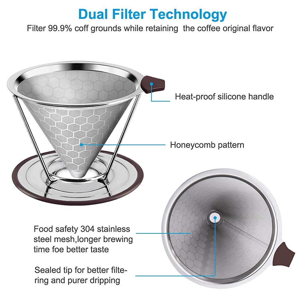 HASTHIP Filter Coffee Maker 800 Mesh with Handle Pour Over Coffee Filter Stainless Steel V60 Coffee Dripper 100% Paperless Maker Honeycomb Cup Cafe Keeping Nature Coffee Flavour Easy To Use And Clean