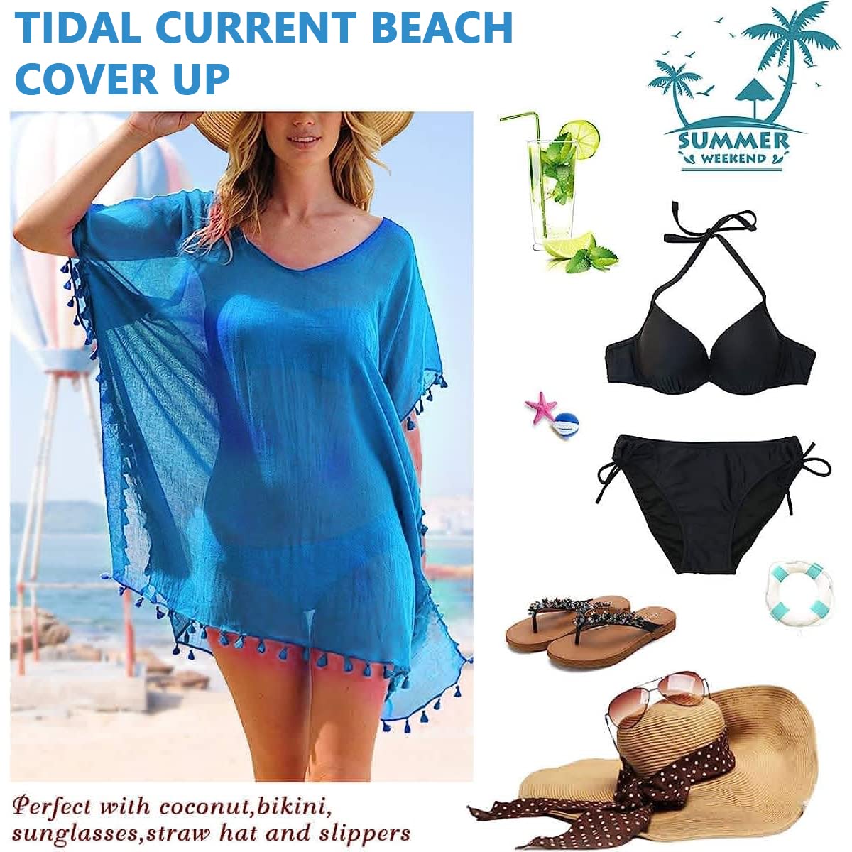 PALAY Women's Beach Wear Coverup, Chiffon Sarong Beach Coverups Wrap Shawl for Women, Tassels Bikini Casual Tops Coverup for Beachwear (Blue)