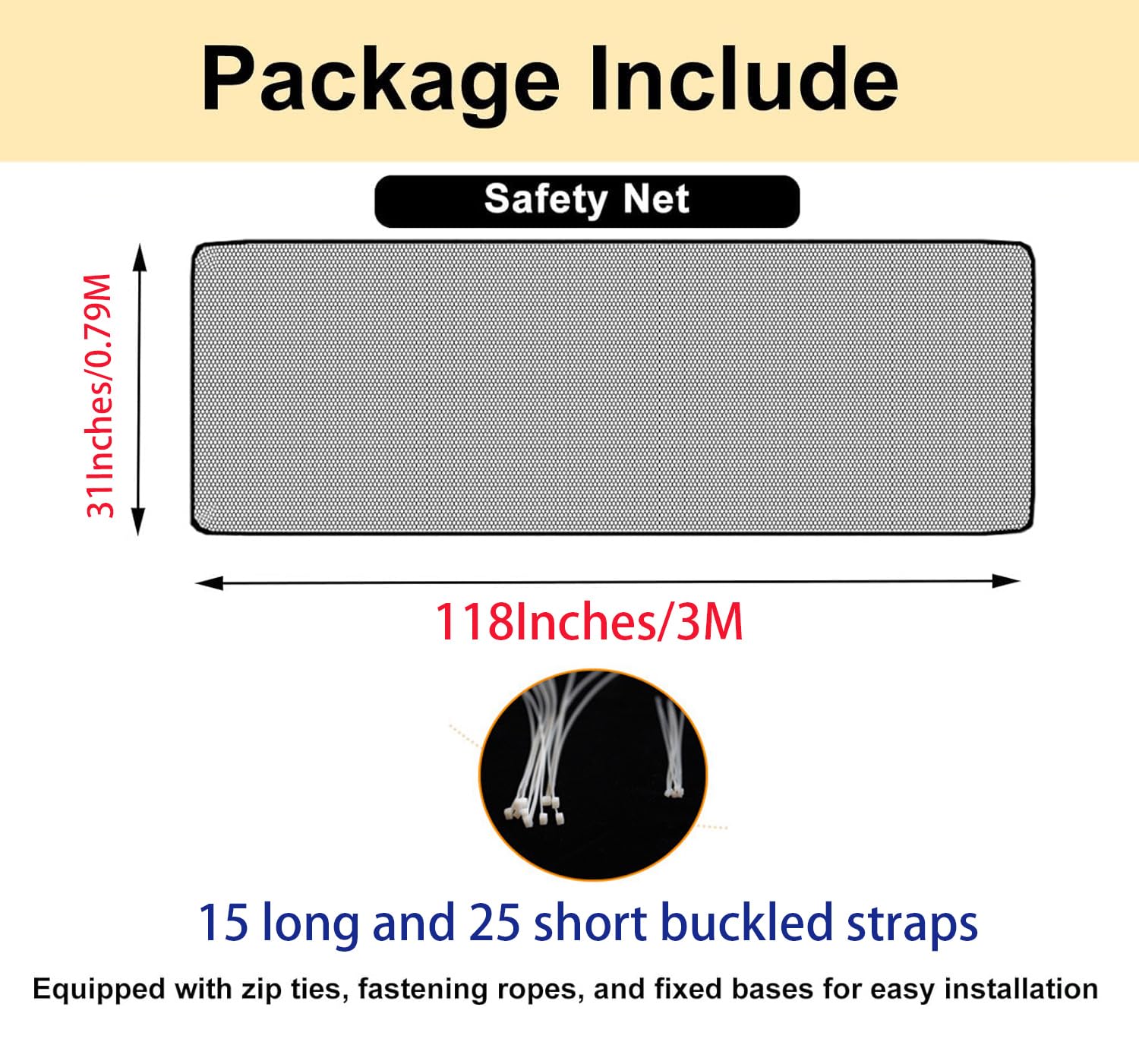 SNOWIE SOFT Baby Safety Net for Balcony Baby Protection Stairway Safety Net Protector with 25 Nylon Ropes and 15 Plastic Buckle Safety Banister Stair Mesh for Baby Toddler Decent Mesh Fabric, 3*0.79M