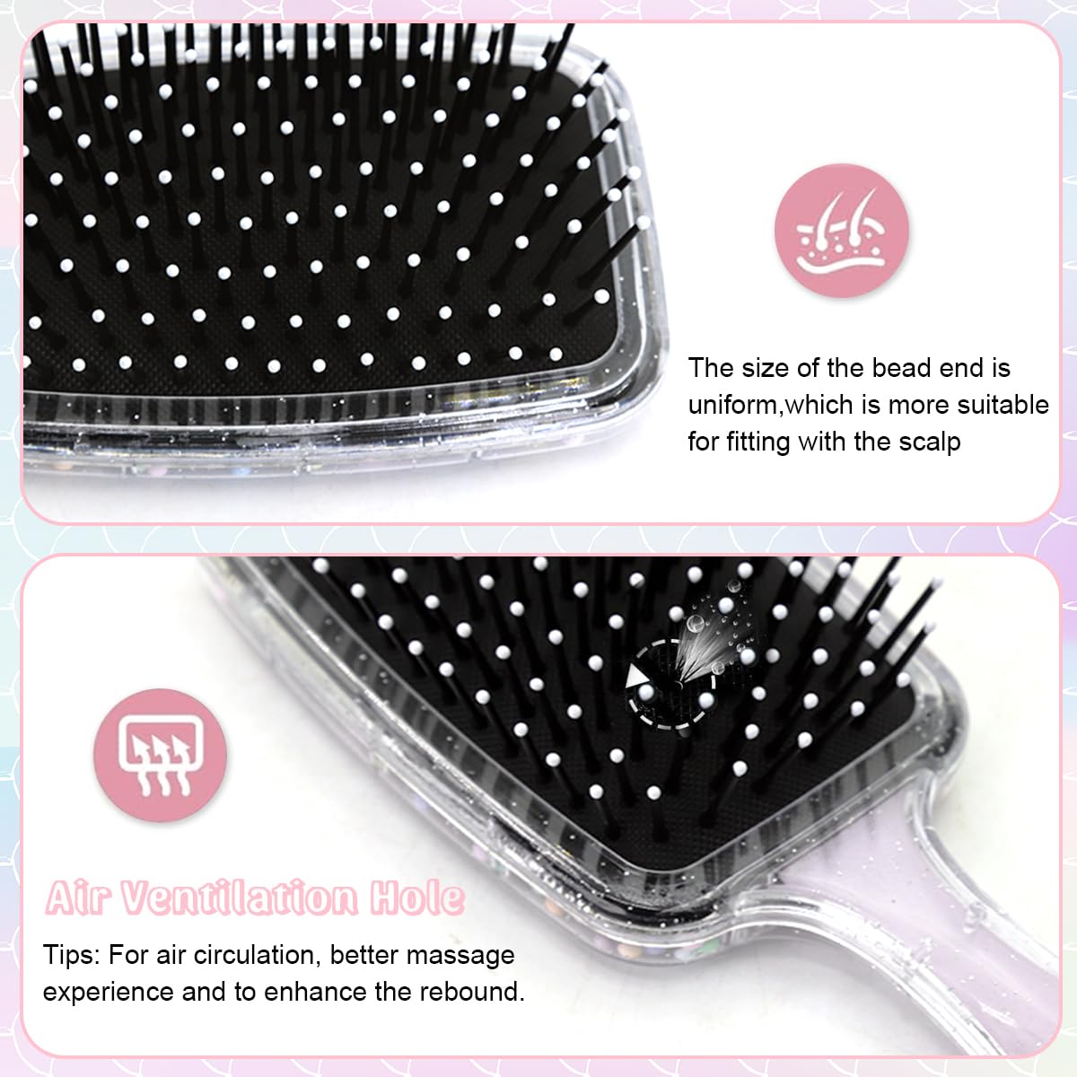 PALAY Hair Brush for Kids and Women Cute Mermaid Paddle Hair Brush Hair Styling Comb for Kids Girls Large Detangler Hair Brush with Air Cushion and Soft Bristle - Pink