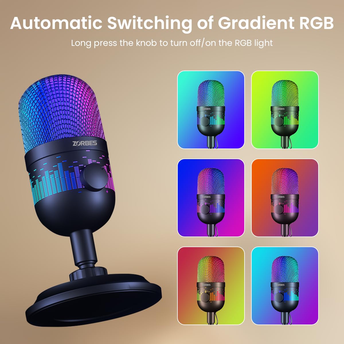 ZORBES USB Microphone Plug and Play Gaming Mic for PC, Mac, PS4/5, Podcast Microphone with RGB, Mute, Monitor, Built-in Smart Noise Reduction, Volume Gain, Great for Recording, Gaming