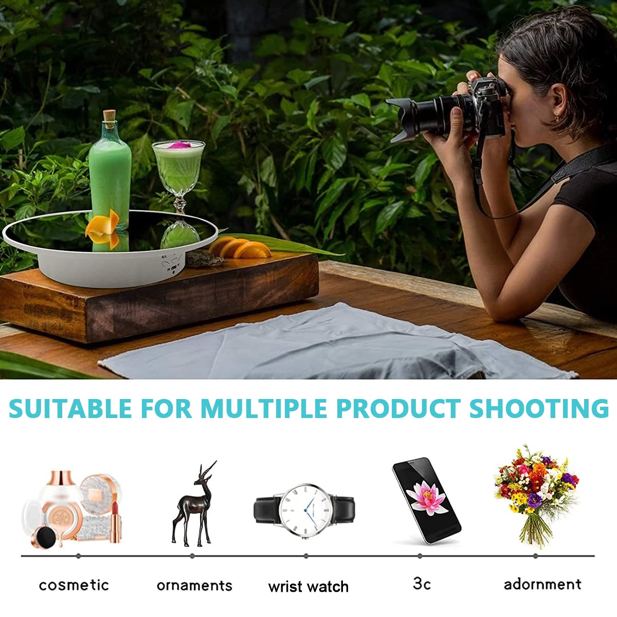 Supvox 1Pcs Rotating Display Stand with Mirror Finish, USB Charge 360 Degree Rotating Turntable, 20CM/Load 8KG, Multi-Functional Rotary Table for Photography, Jewelry, Cake (Without Battery)
