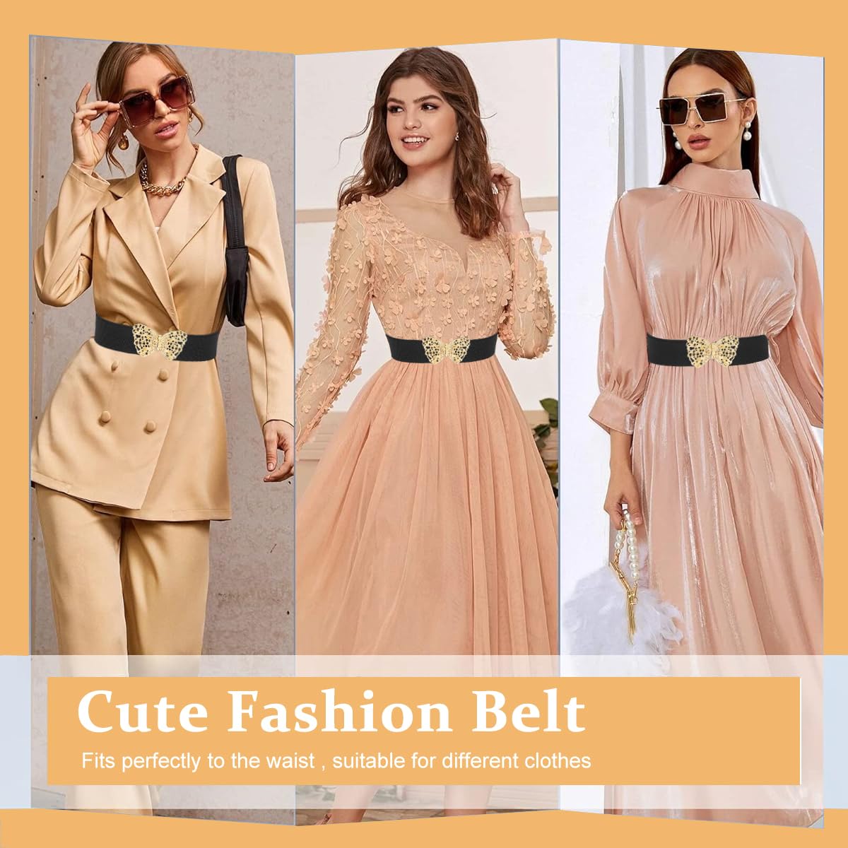 PALAY Waist Belt for Women Wide Elastic Black Belt for Women Dresses Fashion Metal Butterfly Interlock Buckle Stretchy Ladies Belt