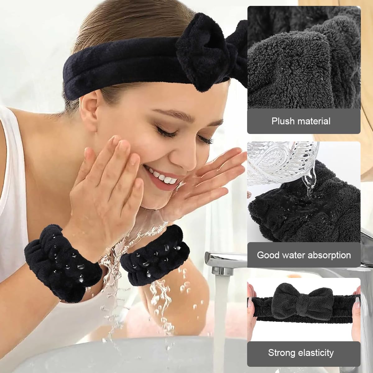 MAYCREATE Facial Headband for Women Skincare Spa Headband & Wrist Bands 3pcs Combo, Large Bow Face Wash Band Hairband, Flannel Hair Band for Makeup Sweat Wristband for Yoga, Fitness - Black
