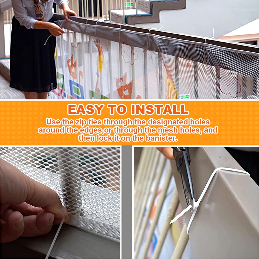 SNOWIE SOFT Baby Safety Net Guards Stairway Rail Net Thicken Polyester 19.6 ft Long 27.1 Inches High Stairway Baby Guards with 75 Nylon Zip Ties Ropes Safety Net for Stairway, Patios, Balcony