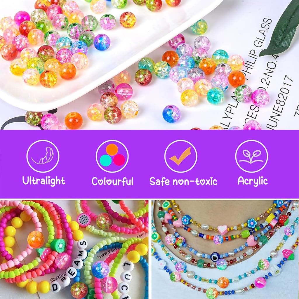 SANNIDHI 300Pcs Crack Glass Beads for Jewellery Making, 8mm Round Bracelet Beads Set, Random Colorful Crystal Beads for Kids Activity, Acrylic Beads Kit for Adults Girls DIY Bracelet Necklace Making